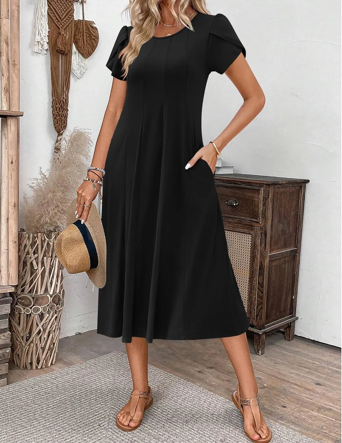 Zeagoo Womens Casual Dress Short Sleeve Pleated Loose Flowy Dress