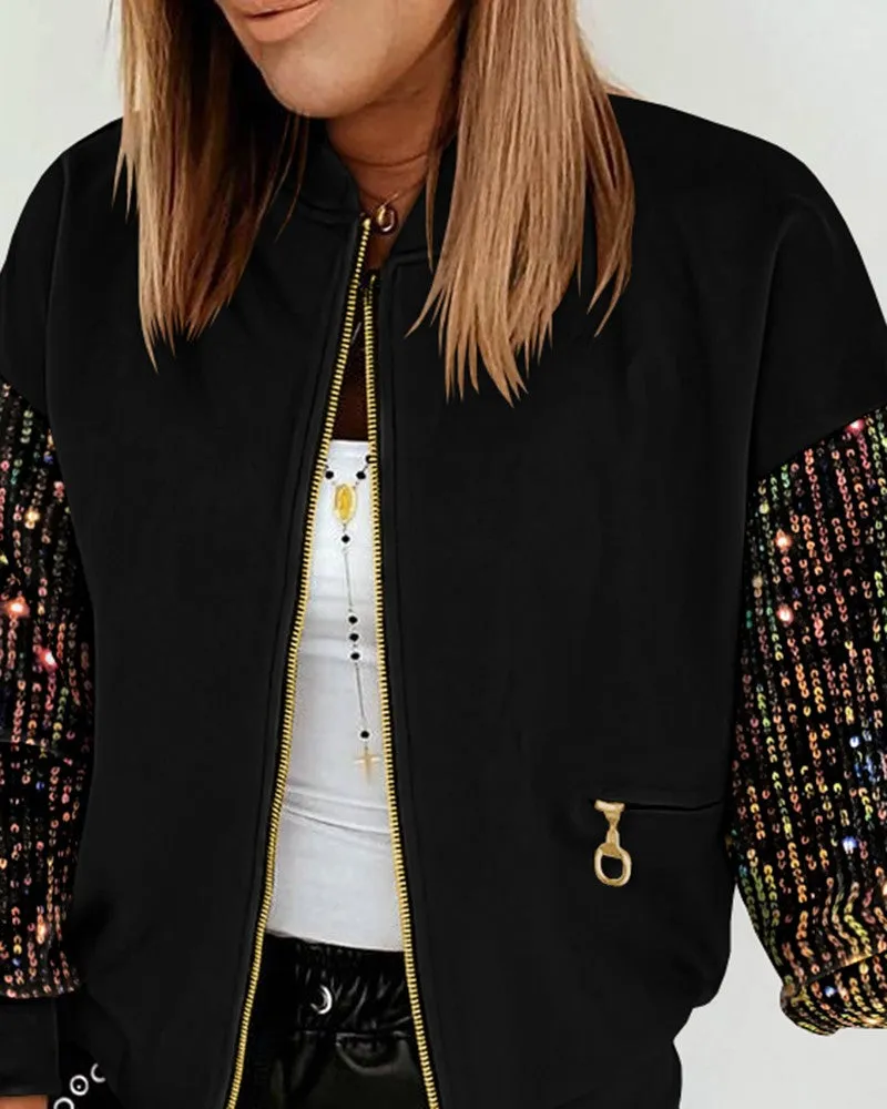 Zipper Design Contrast Sequin Casual Jacket