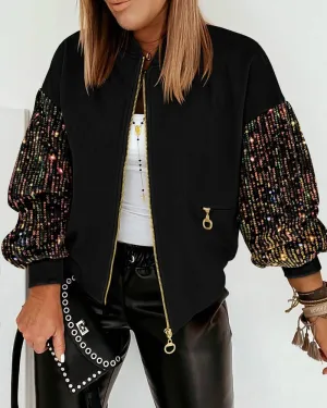 Zipper Design Contrast Sequin Casual Jacket